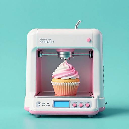 Photorealistic CGI of a white Philips FoodiQ cupcake maker with pink swirled cupcake, turquoise background, and control buttons.