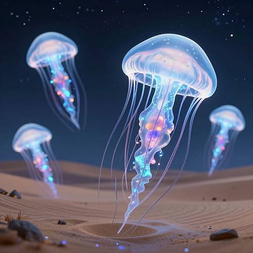 Photorealistic CGI of glowing jellyfish with iridescent, blue and purple hues, floating above a sandy, starlit ocean floor.