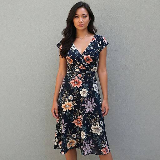 Photograph of a young woman with long dark hair, wearing a black floral dress with white, orange, and pink flowers, standing against a light gray