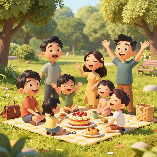 Digital illustration of a happy family picnic in a sunny park, featuring seven smiling children and adults with diverse clothing, a cake, basket, and lush green