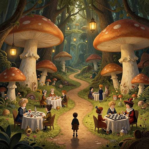 Fantastical forest dinner scene with large, red-capped mushrooms, glowing lanterns, children in formal attire, checkered tablecloths, and