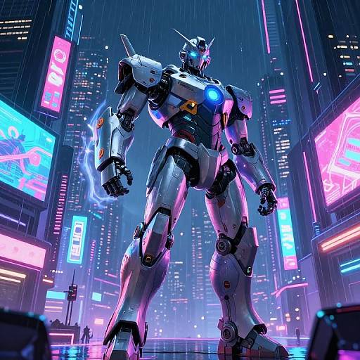 Digital illustration of a towering, white and blue futuristic mecha robot with glowing blue eyes and energy blade in a neon-lit, rainy cyberpunk city