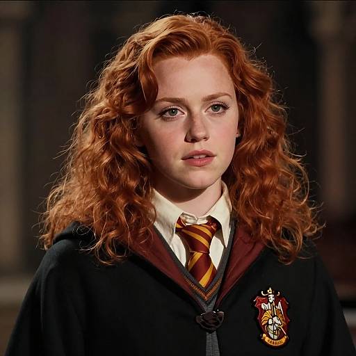 Photograph of a red-haired, fair-skinned young woman with curly hair, wearing a Hogwarts school robe and striped tie, with a crest on the