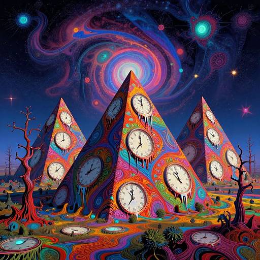 Vibrant digital artwork of three colorful, clock-faced pyramids under a swirling, cosmic sky with glowing orbs and surreal, neon landscape.