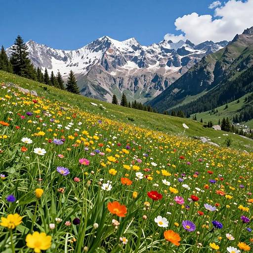 Photograph of a vibrant meadow with colorful wildflowers (yellow, orange, red, pink, white) in the foreground, leading to a backdrop