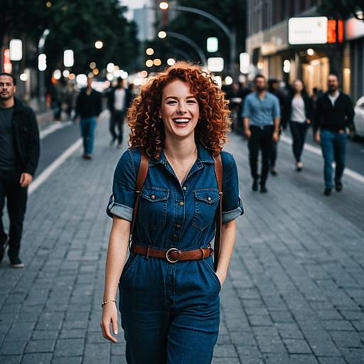 Woman Laughing in Denim Jumpsuit on City Street