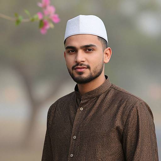 Photograph of a young South Asian man with medium skin tone, black beard, wearing a white cap and brown textured kurta, standing outdoors with blurred