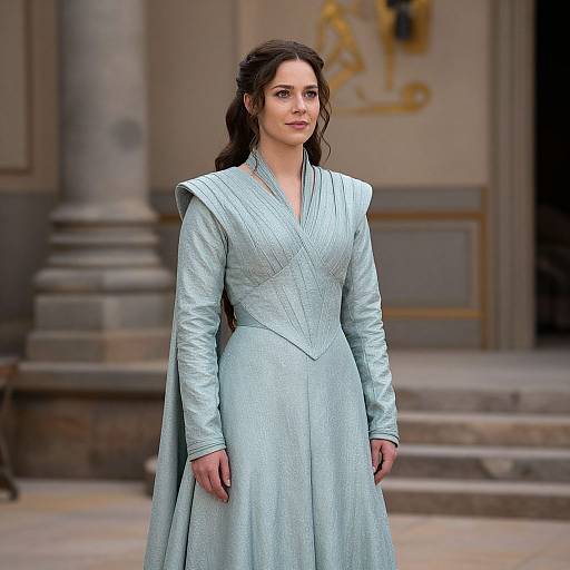 Photograph of a young woman with long brown hair, wearing a light blue, medieval-style dress with high shoulders, standing in front of a stone building