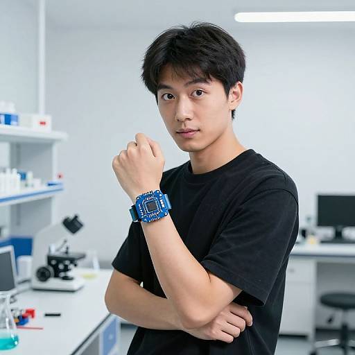 Photograph of an Asian man with black hair, wearing a black t-shirt and blue wristwatch, standing in a bright, modern lab.