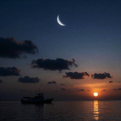 Boat at Sunset with Crescent Moon