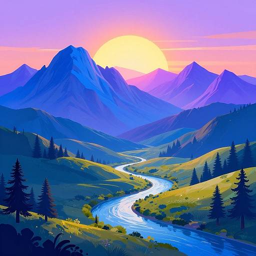 Neon Sunrise Mountain Landscape