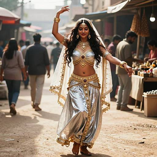 Photograph of an Indian woman in a silver and gold traditional dance outfit, performing a dance in a bustling marketplace.