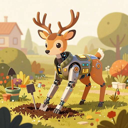 Cyberpunk Robotic Deer Gardening Scene