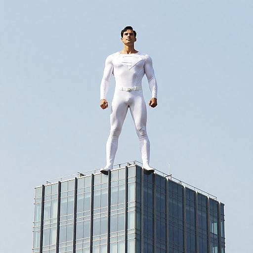 Photograph of a tall, muscular man in a tight, white superhero suit standing confidently on top of a modern, glass skyscraper against a clear blue
