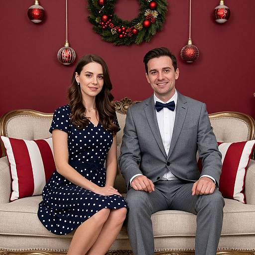 Photograph of a smiling couple sitting on a beige sofa against a red wall adorned with Christmas decor and wreath. The woman wears a navy polka