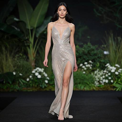 Photograph of an Asian woman with long black hair, wearing a shimmering silver, deep V-neck, thigh-high slit gown, walking a dark runway