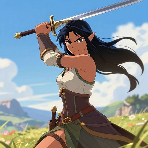 Dark Haired Elf Warrior Sword Swing