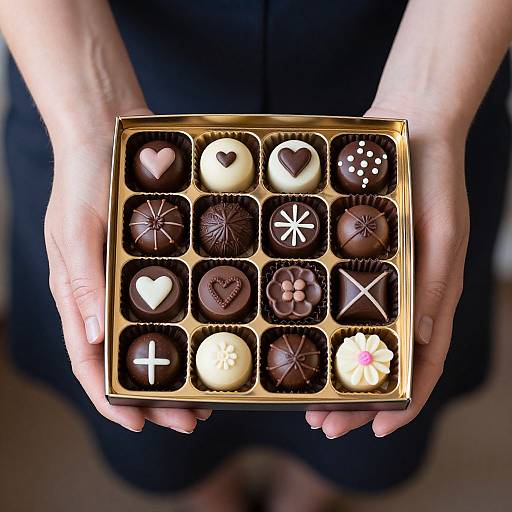 Photograph of hands holding a golden box of 16 decorated chocolate truffles in heart, star, and floral shapes, against a dark background.