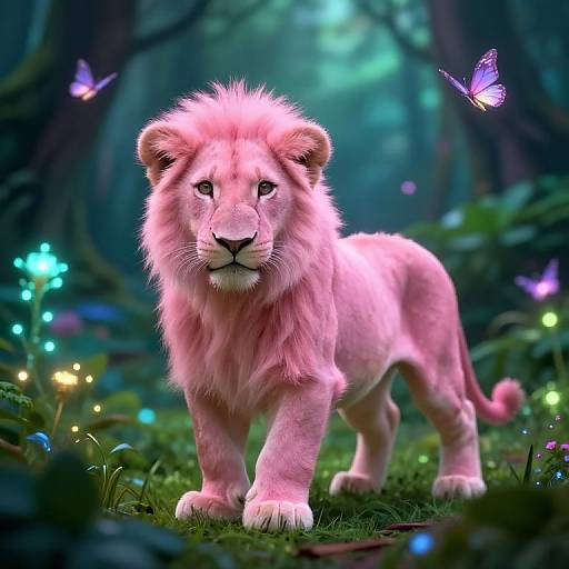 Mystical Pink Lioness Cub in Enchanted Forest