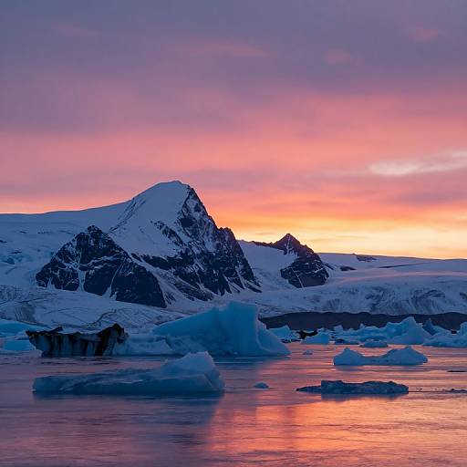 Photograph of a snow-covered mountain range at sunset, with vibrant pink and orange sky reflecting on icy water, surrounded by floating icebergs.
