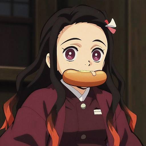 Anime-style digital drawing of a girl with long black hair with red tips, large purple eyes, and a maru-kei hairstyle, wearing a