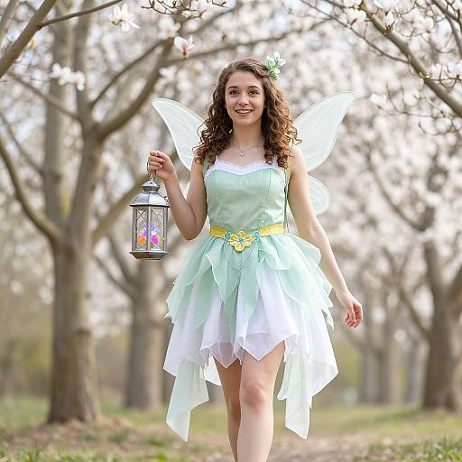 Photograph of a curly-haired woman in a light green and white fairy dress with wings, holding a lantern, walking through a blossoming orchard.