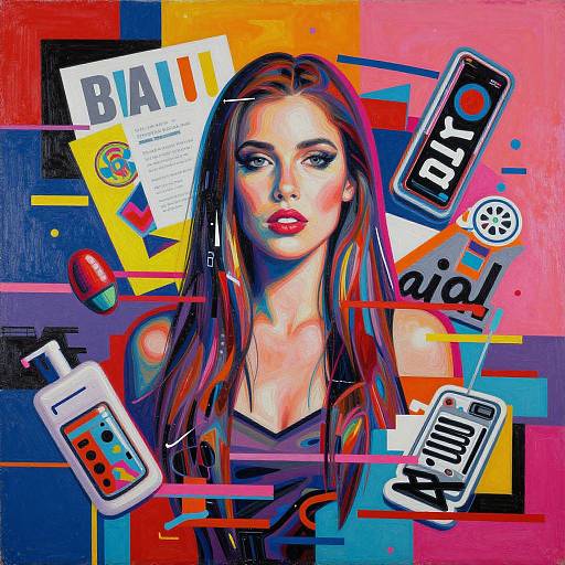 Digital pop art portrait of a fair-skinned woman with long brown hair, red lipstick, and bare shoulders, surrounded by colorful geometric shapes and retro gadgets