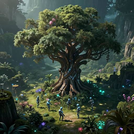 Digital fantasy artwork of a lush, enchanted forest with a massive, glowing, ancient tree at center. Small, colorful, fairy-like figures surround it,