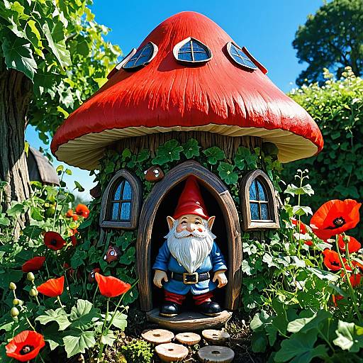 Gnome in Mushroom House Garden