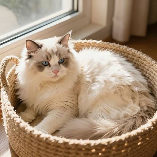 Photograph of a fluffy white and gray cat with blue eyes, lounging in a woven basket on a sunlit window sill.