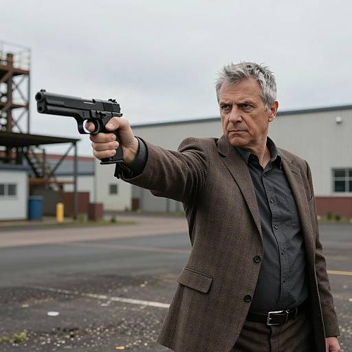 Middle-Aged Man Aiming Handgun Outdoors
