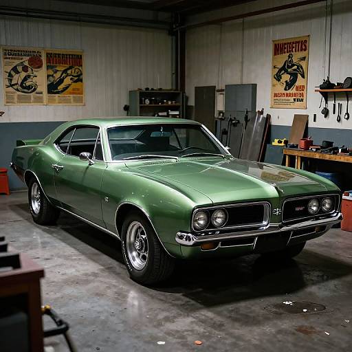 Photograph of a vintage green 1970s muscle car in a dimly lit garage, with 