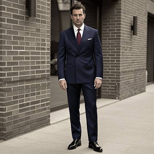Photograph of a handsome, serious-looking man in a dark navy double-breasted suit with a white shirt and maroon tie, standing on a modern