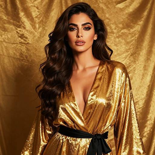 Photograph of a woman with long, wavy dark hair wearing a shimmering gold V-neck robe and black belt, against a golden fabric background.