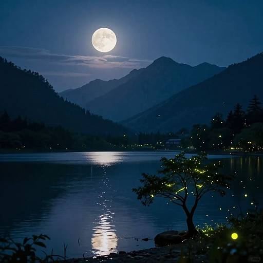 Photograph of a serene night scene: full moon over mountains, reflecting on a calm lake, with twinkling lights and silhouetted trees.