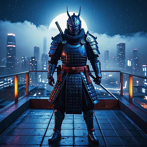 Futuristic Samurai Warrior on Neon Rooftop