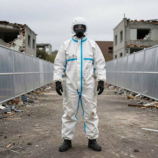 Photograph of a person in a white hazmat suit with blue trim, black gloves, and mask, standing in a debris-filled, fenced-off urban