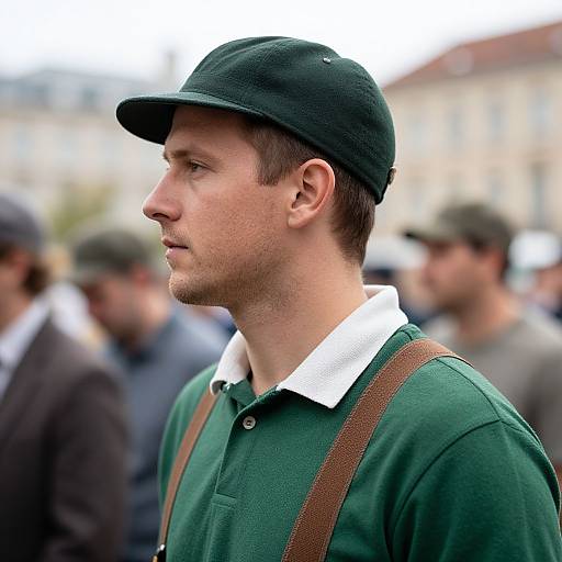 Photograph of a young Caucasian man with light skin, short brown hair, and a trimmed beard, wearing a green polo shirt, white collar, and