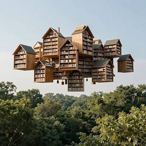 Photograph of a whimsical, wooden, multi-story house with numerous book-filled windows, floating above a dense green forest under a clear blue sky.