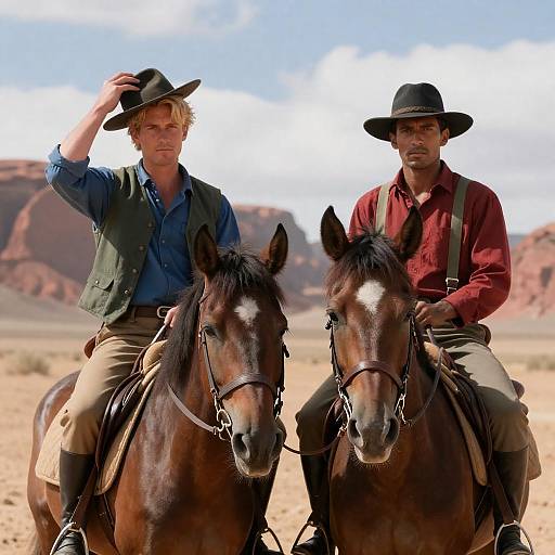 Two Men with Horses in Desert Landscape