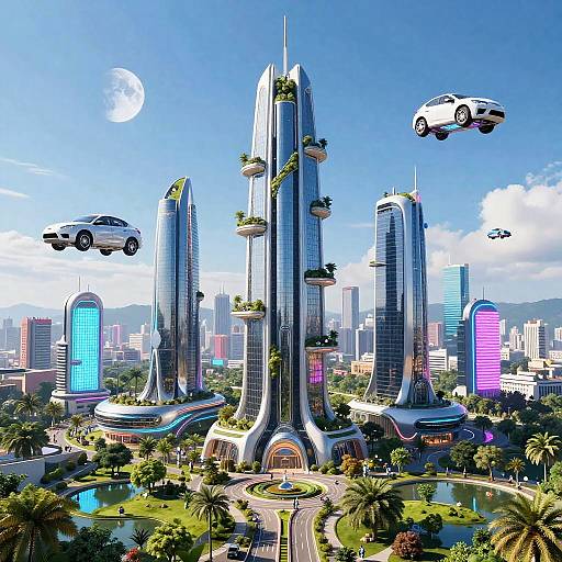 Digital artwork of a futuristic city with towering, sleek skyscrapers adorned with green plants, flying cars, and vibrant neon lights.