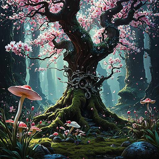 Fantasy Cherry Blossom Tree with Mushrooms
