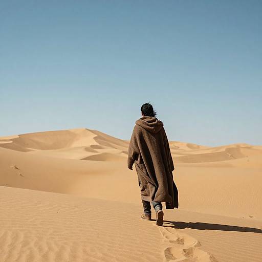 Photograph of a lone figure in a long brown cloak walking away in a vast, sunlit desert with rolling sand dunes under a clear blue sky