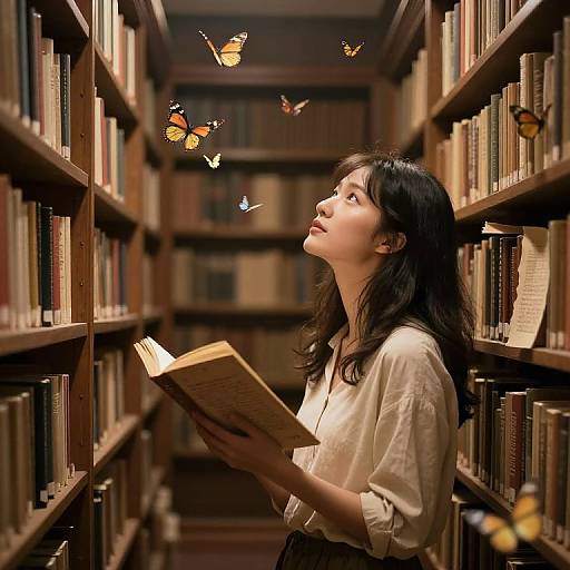 Photograph of a young woman with long black hair, wearing a white blouse, reading in a library aisle surrounded by fluttering butterflies.