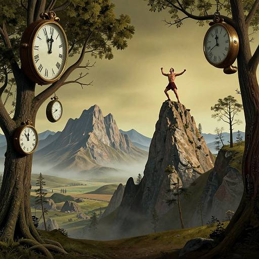 Surreal digital artwork: A shirtless man victoriously jumps from a rocky peak, surrounded by four clock-studded trees, against a misty