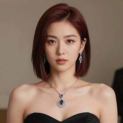 Asian Woman with Short Red Hair and Elegant Jewelry