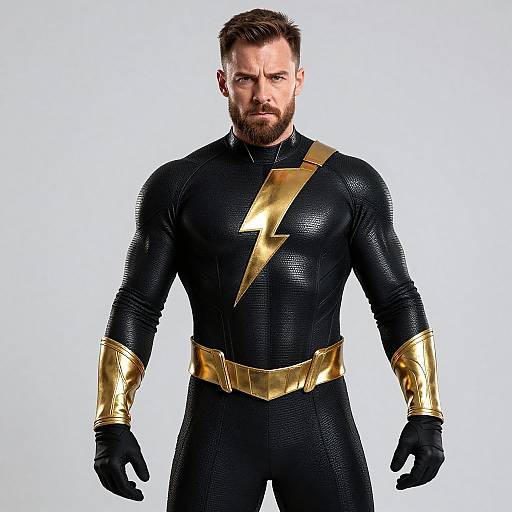 Muscular Superhero in Gold-Accented Suit