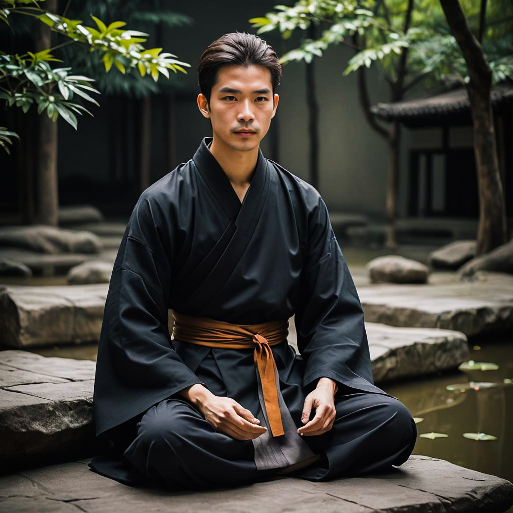 Contemplative Monk Portrait with Fabric Dynamics