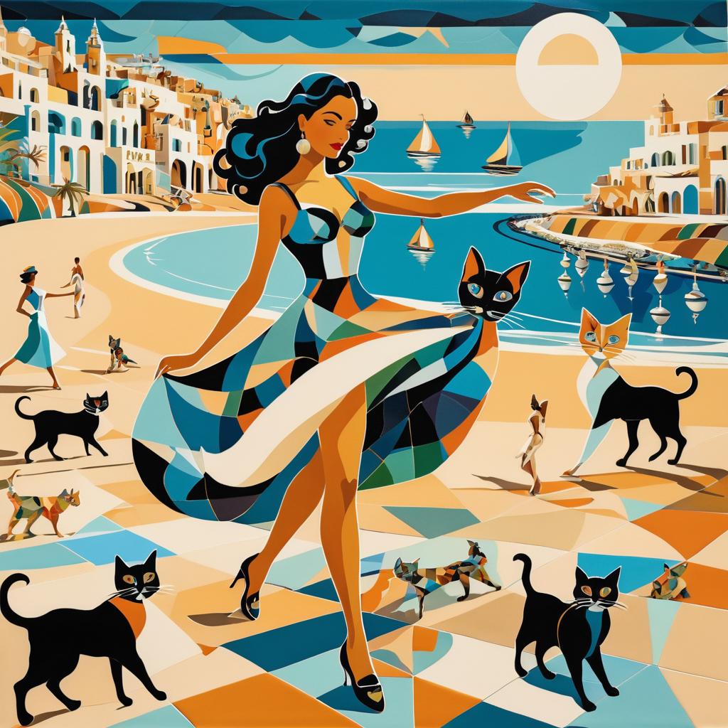 Surreal Beach Scene with Art Deco Flair