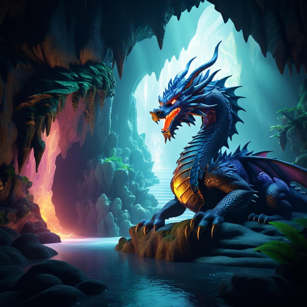 Surreal Dragon in Mystical Cave Illustration